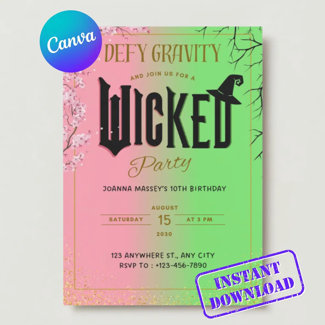 Wicked Party Invitation for Birthday Editable Invite Pink and Green WICKED Inspired Movie Ticket ... | Etsy (US)