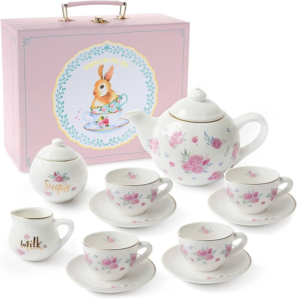 Jewelkeeper Tea Set for Little Girls - 13 pcs. Porcelain Tea Set for Kids Tea Time Includes Teapo... | Amazon (US)