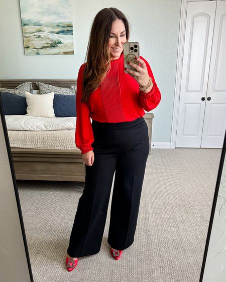 Holiday Outfit with red blouse & spanx perfect pant

Blouse tts, L // Pants size up XLP code RYANNEXSPANX // pumps size up 1/2 

Winter outfit | holiday outfit | spanx | curve style | midsize fashion | size large 

#LTKcurves #LTKHoliday #LTKSeasonal