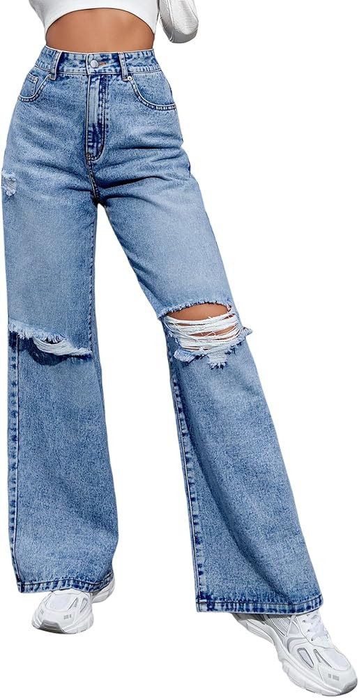Women's High Waisted Ripped Wide Leg Denim Pants Casual Loose Fit Jeans | Amazon (US)
