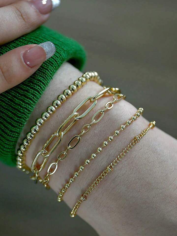 5pcs/set Chain & Beaded Bracelet | SHEIN