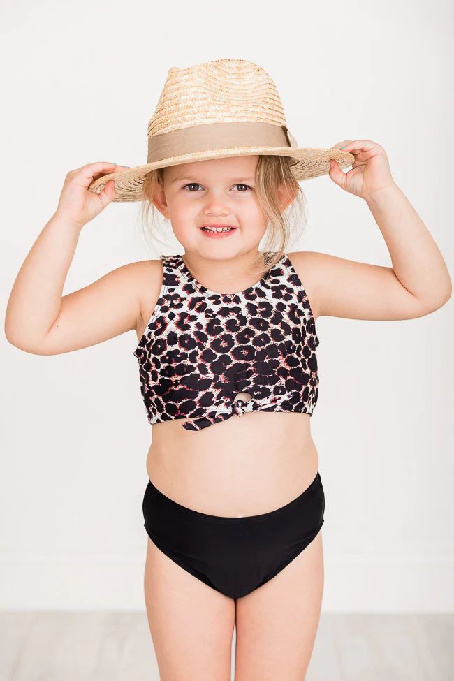 Tropic Good Times Girls Black Leopard Knot Front Bikini Set | Pink Lily