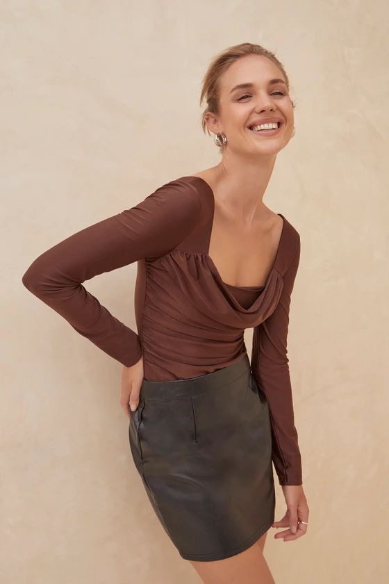 First Date Darling Brown Ruched Long Sleeve Bodysuit | Lulus