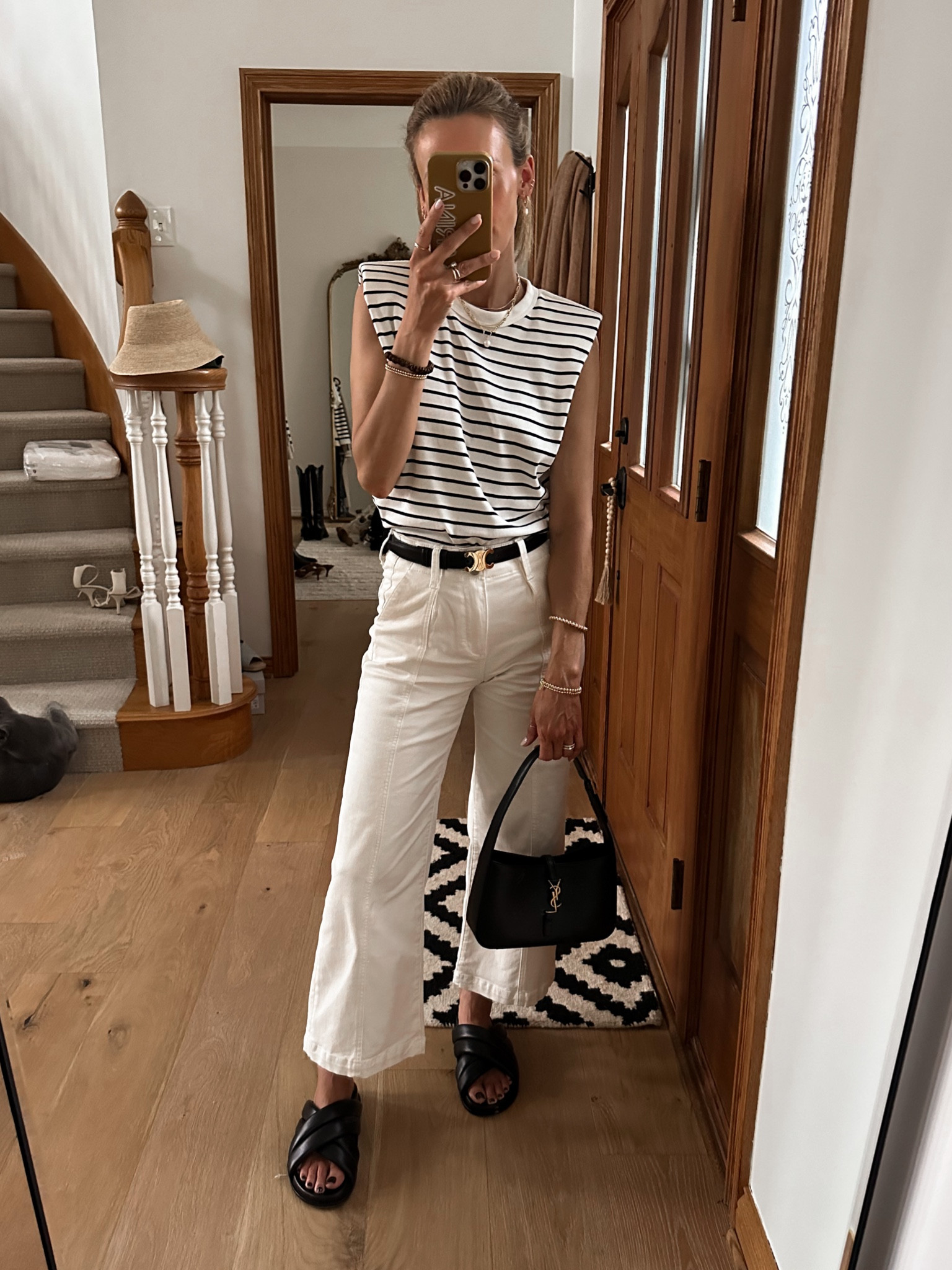 Stripped muscle tee, wide crop leg cream jeans (linking both of the ones I have!) the most comfy slides! Dinner outfit 
Summer outfit idea 

#LTKitbag #LTKshoecrush #LTKstyletip