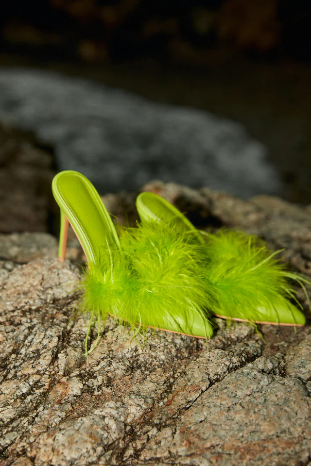 Miss Lola | Lorelai Lime Faux Feather Mule Heels | MISS LOLA