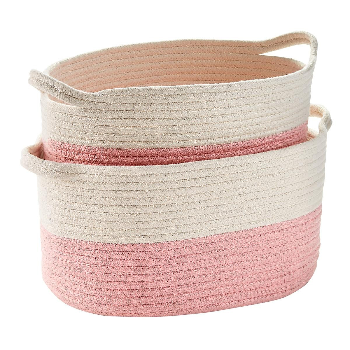 Set of 2 Pink Cotton Rope Oval Bins with Handles | The Container Store