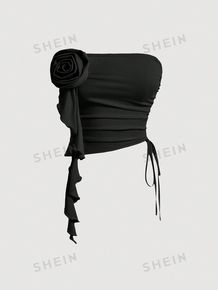 SHEIN MOD Women's Solid Color Asymmetric Hem Floral Applique Sleeveless Black Tube Top | SHEIN US... | SHEIN
