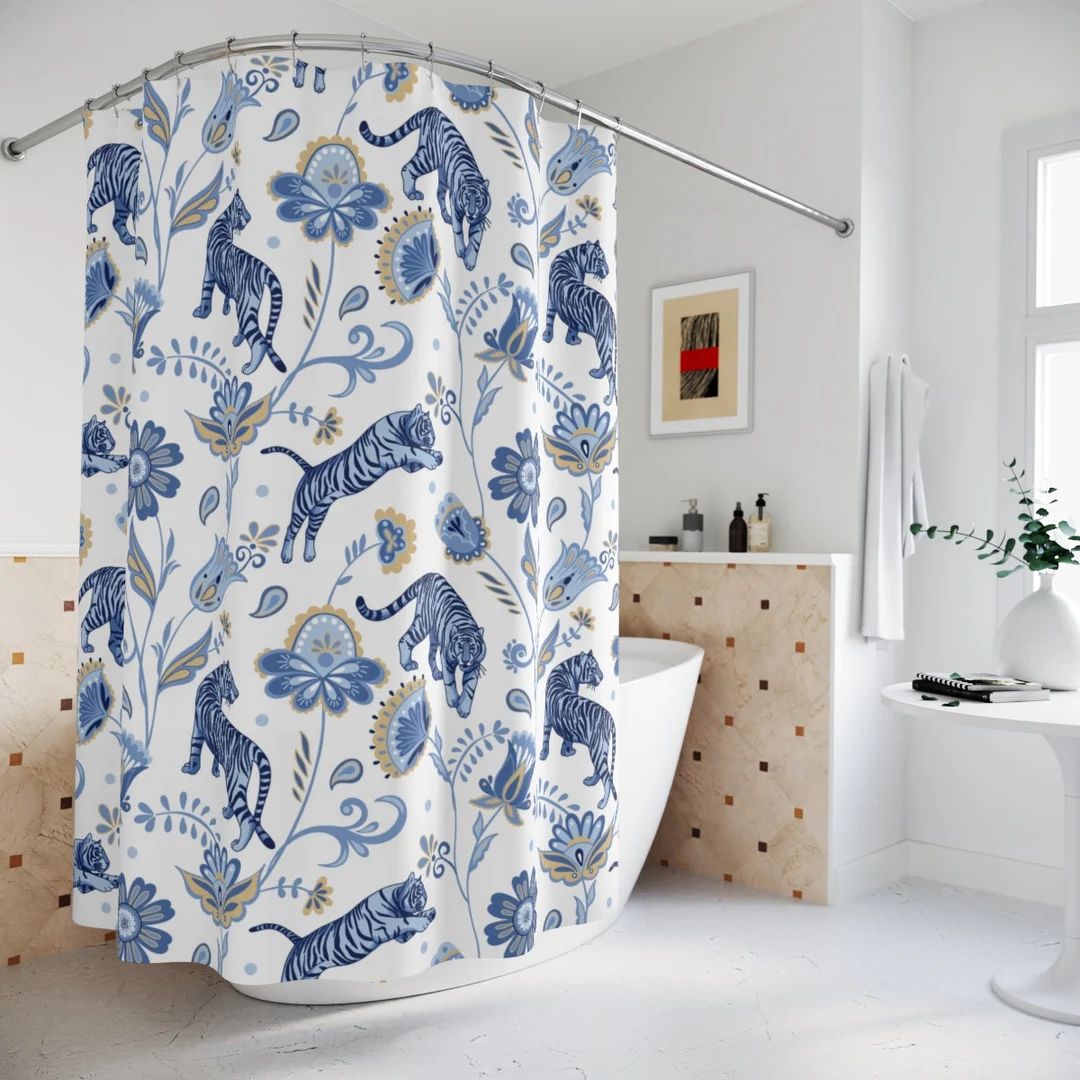 Tiger Shower Curtain Blue flowers Modern Bathroom Decor exotic animals Shower Curtain kids bathro... | Etsy (US)