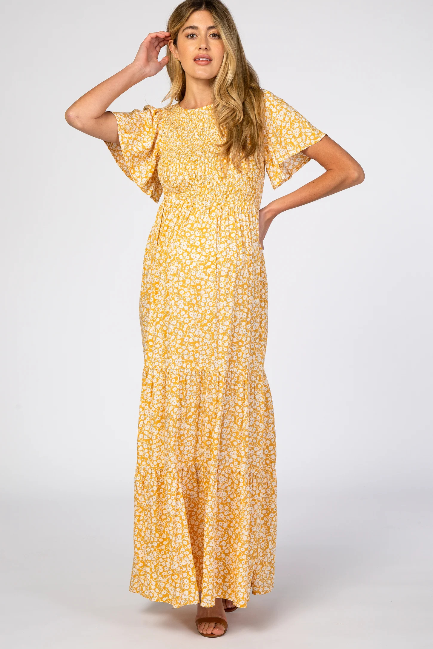 Yellow Floral Smocked Front Pleated Hem Maternity Maxi Dress | PinkBlush Maternity