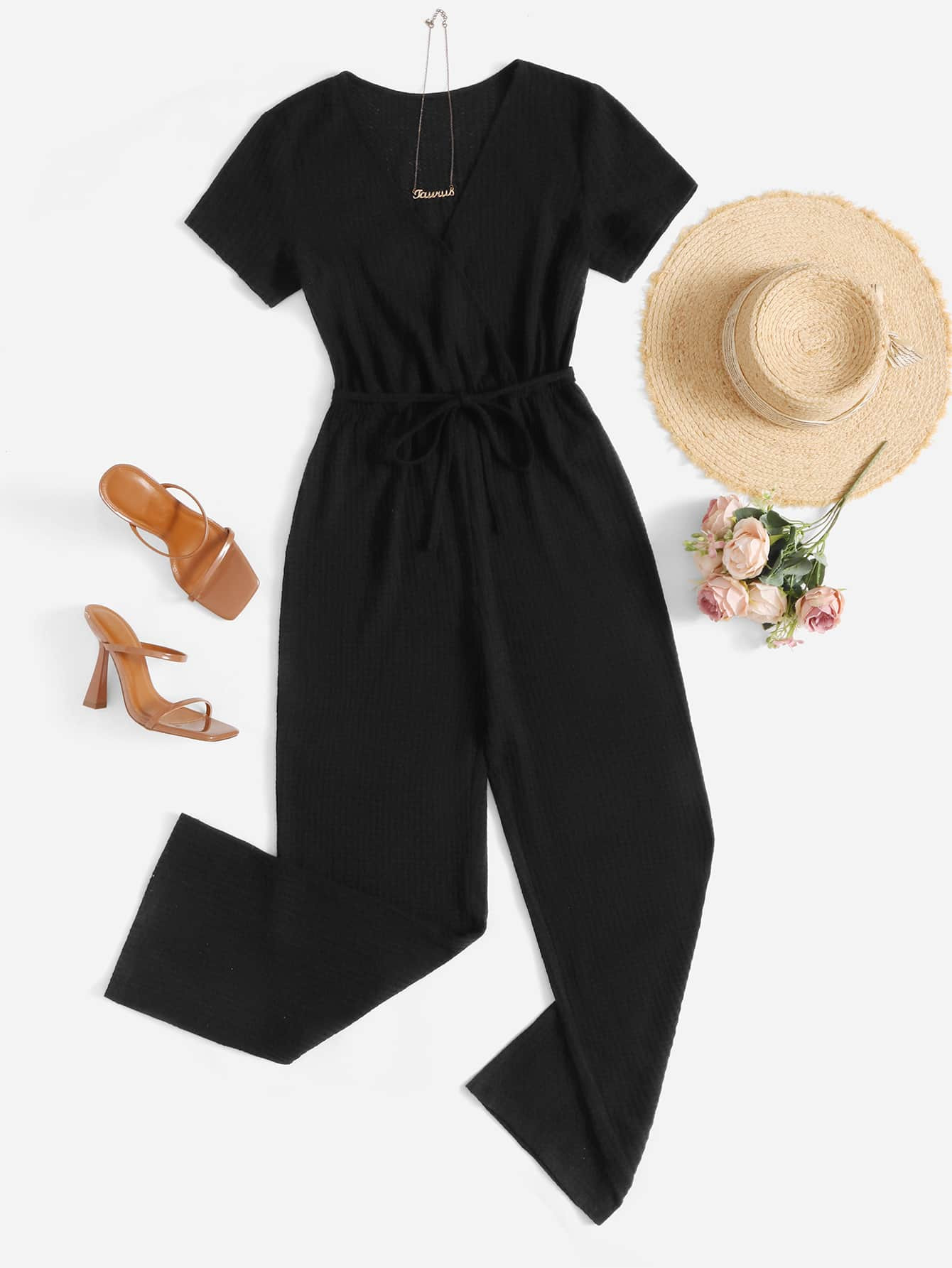 SHEIN LUNE Surplice Neck Wide Leg Jumpsuit | SHEIN