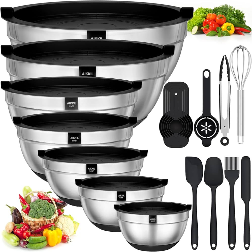 AIKKIL Mixing Bowls with Airtight Lids, 20 piece Stainless Steel Metal Nesting Bowls, Non-Slip Si... | Amazon (US)