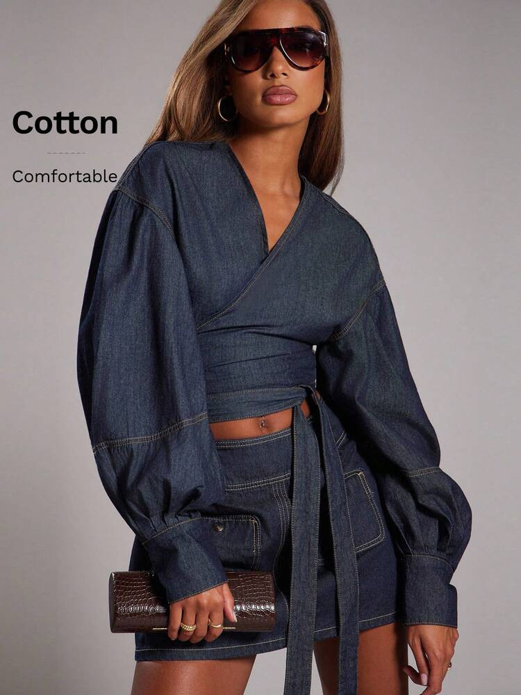NYA SZN Top Long Sleeve Oversized Denim Crop Wrap Tie Detail Everyday Casual Business Casual Office Teacher Modest Church Night Out Fall Winter Suitable For Commuting Statement Festival Outfits For Women | SHEIN