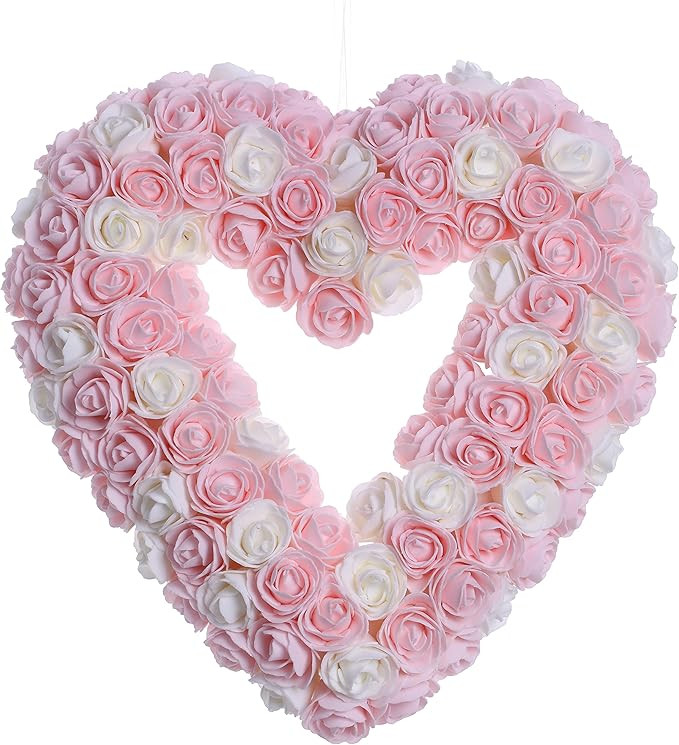JINGHONG Valentine’s Day Wreath,13 Inch Artificial Heart-Shaped Wreath Romantic Rose Wreaths fo... | Amazon (US)