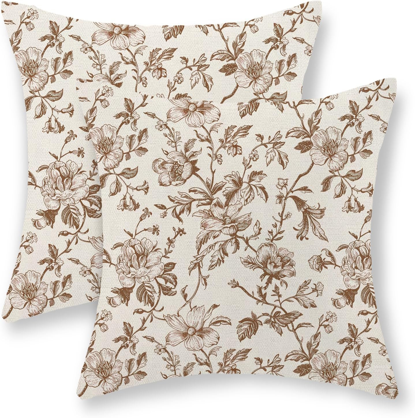 Brown Floral Pillow Covers 20x20 Set of 2 Brown and Cream Chinoiserie Floral Decorative Throw Pillows Vintage Rustic Toile Flower Pillowcase Outdoor Decor Linen Cushion Covers for Couch Sofa | Amazon (US)
