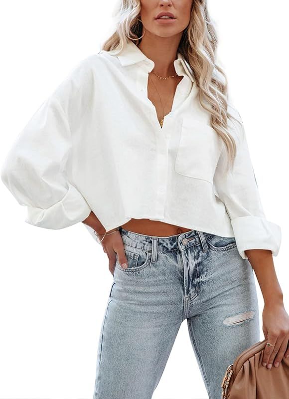 Astylish Women's V Neck Button Down Cropped Shirt Long Sleeve Pocket Blouse Top | Amazon (US)