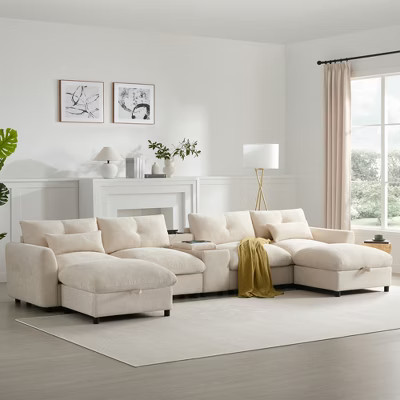 136-Inch U-Shaped Modular Sectional Sofa with Console, Cup Holder, USB Charger, Movable Storage Ottoman, and Extra-Wide Seat | Target