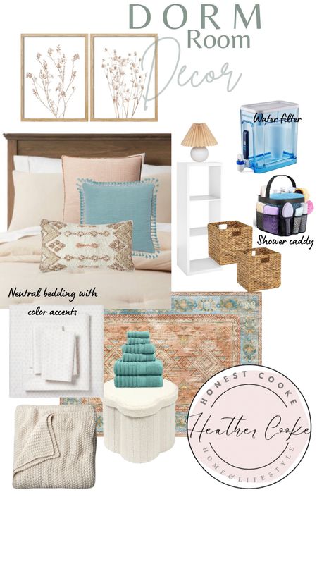 Affordable dorm room essentials 
Amazon, Target, Walmart, washable rug, shower caddy, water filter, air purifier
Neutral decor, accent pillows, affordable bedding