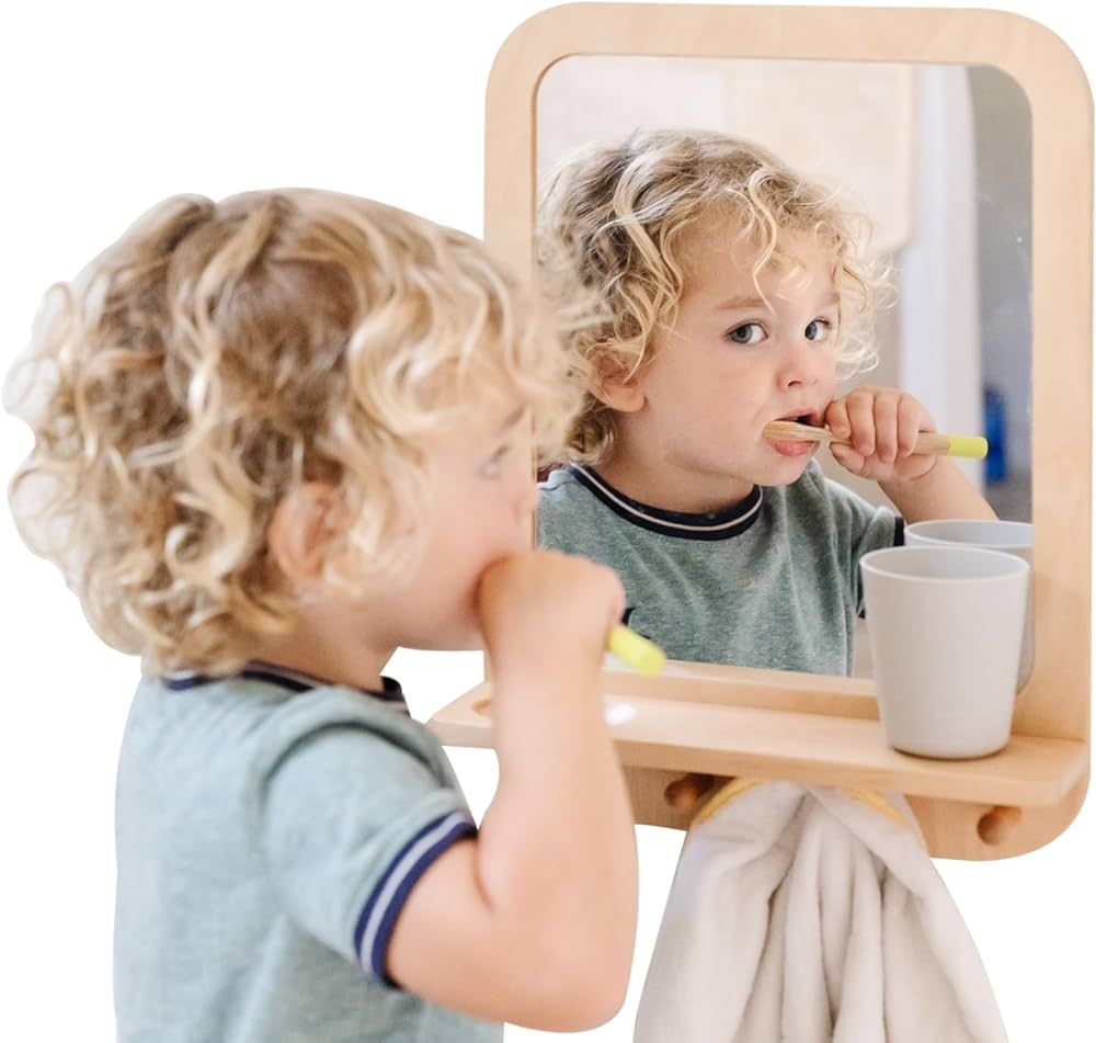 Montessori Wooden and Acrylic Wall Mirror with Hooks for Toddlers - Entryway Mirror with Hooks an... | Amazon (US)