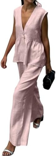 Womens Two Piece Set Sleeveless V Neck Peplum Vest Wide Leg Pant Suits Dressy Casual Summer Vacat... | Amazon (US)