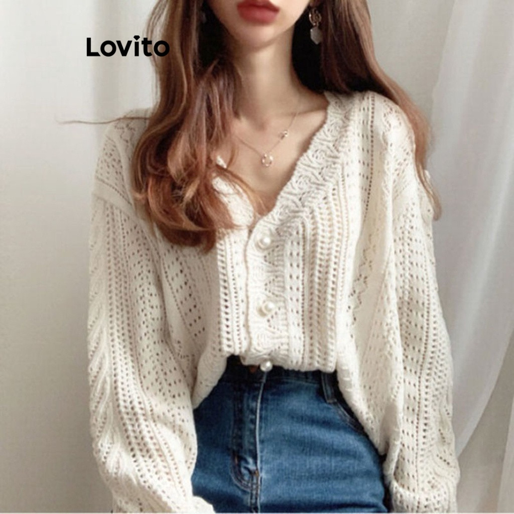 Lovito Cardigan Casual Com Corte De Botão Liso Para Mulheres LNA29159 (Branco/Verde) | Shopee (BR)