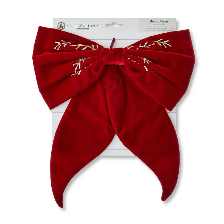 Burgundy Velvet Beaded Decorative Christmas Bow, 13", by My Texas House | Walmart (US)
