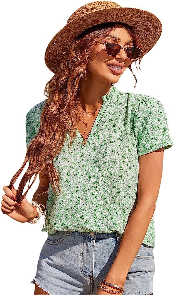 Milumia Women's Ditsy Floral Short Sleeve Blouse Boho Frill Notched Neck Summer Tops | Amazon (US)