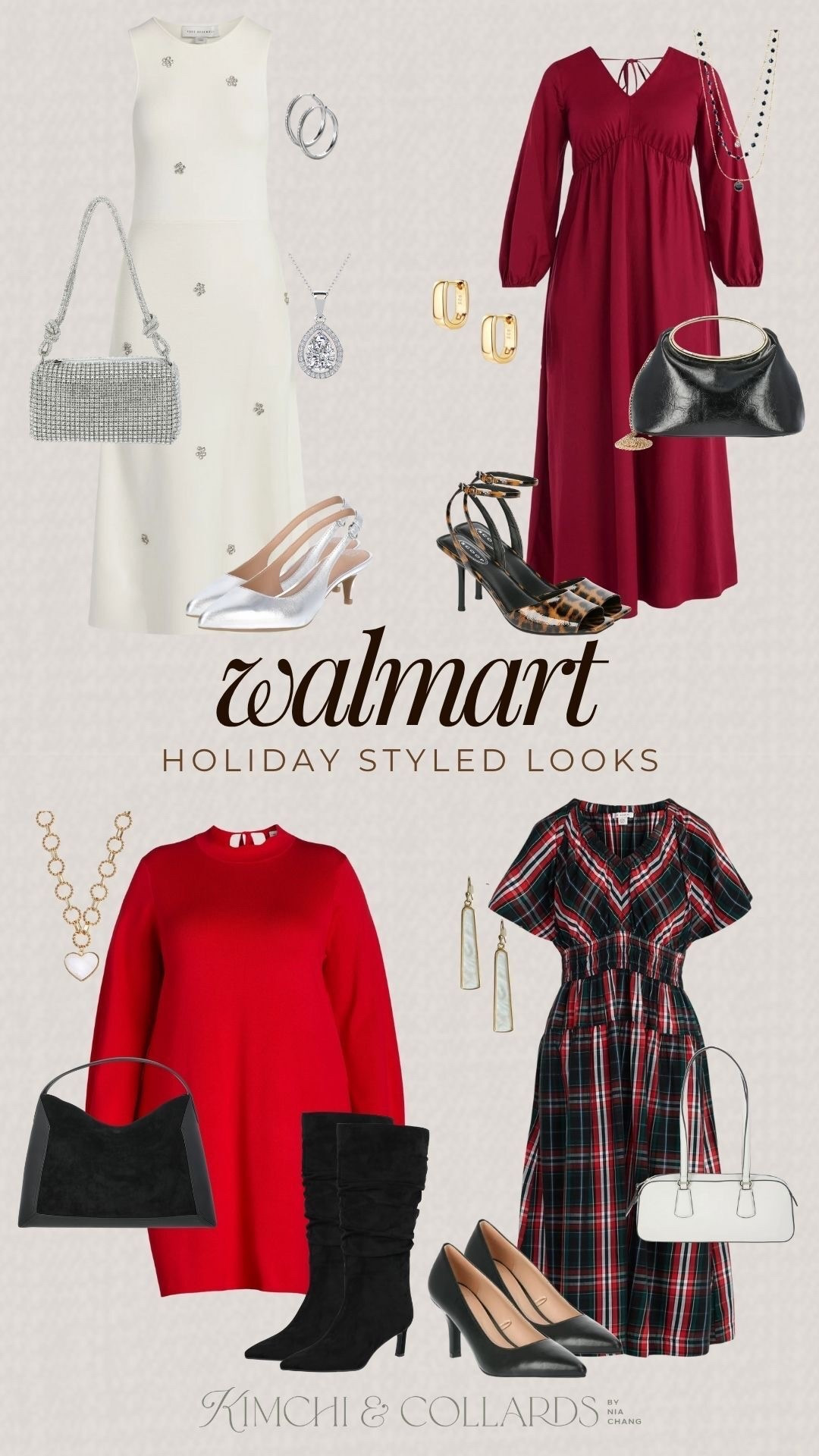 Walmart holiday styled looks! So many events to attend this holiday season and not sure what to wear? You can get four new holiday looks without having to break the bank. I am loving the plaid dress with black heels or the white dress and sparkly purse. All great options for holiday work events, dinner parties, or gatherings with friends. 

#LTKStyleTip #LTKHoliday #LTKPlusSize