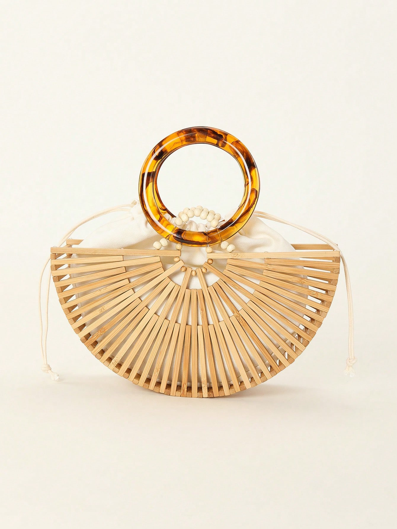 Casual Acrylic Handwoven Beach Bag With Hollow Out & Bamboo Design, Including Drawstring Inner Ba... | SHEIN