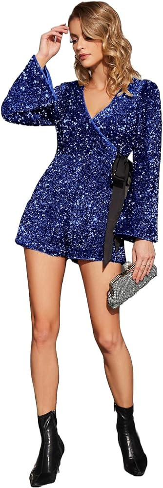 EXTRO&VERT Sequin Romper Outfit for Women Sparkly One Piece Navy Romper Navy Blue Romper Outfits  | Amazon (US)