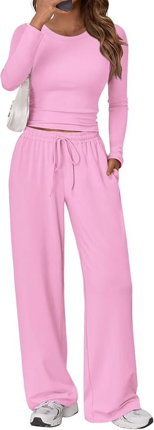 Trendy Queen Women's 2 Piece Matching Lounge Set Long Sleeve Slightly Crop Top Wide Leg Pants Cas... | Amazon (US)