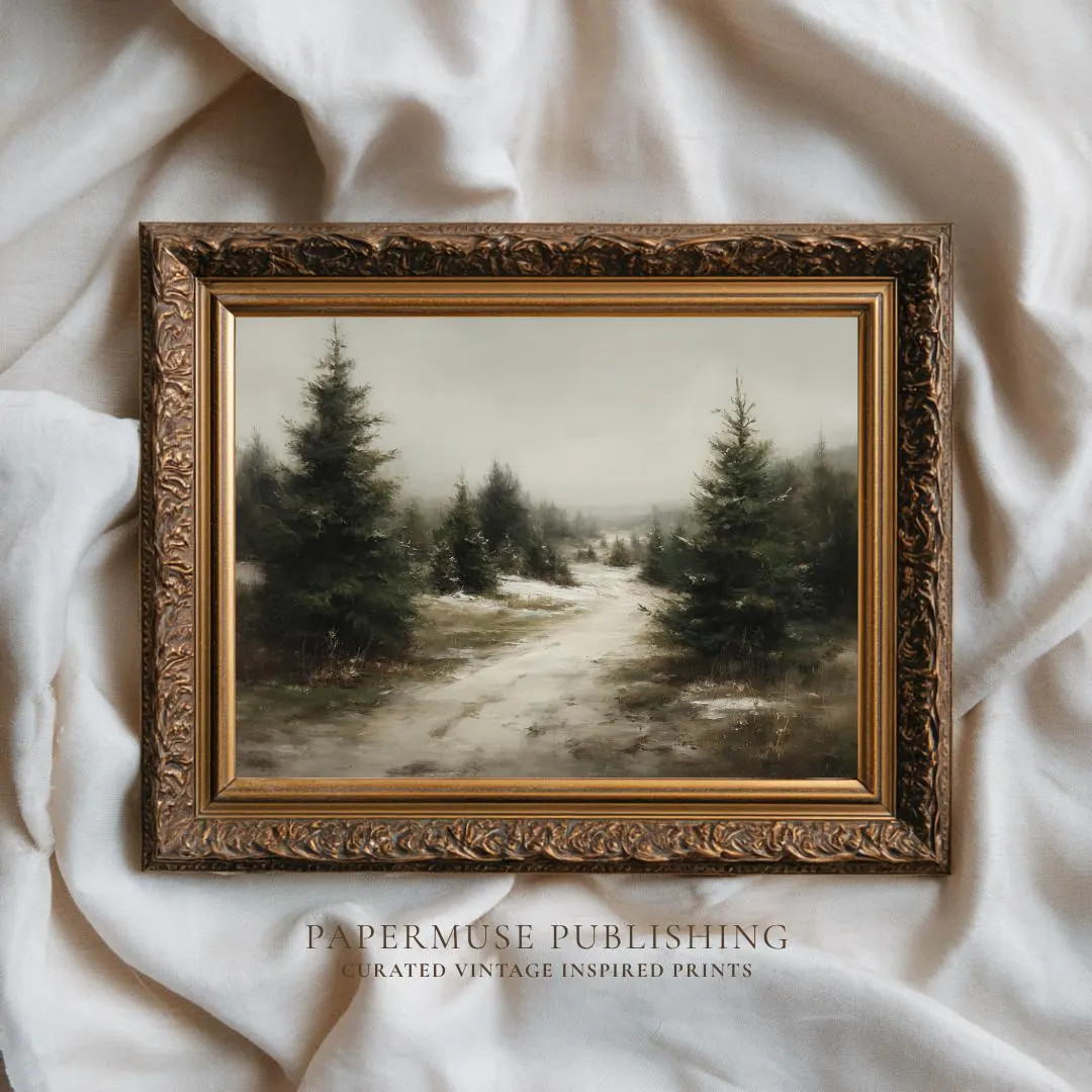 Rustic Snowy Pine Forest Print, Vintage Winter Landscape Printable Wall Art, Antique Farmhouse Ch... | Etsy (US)
