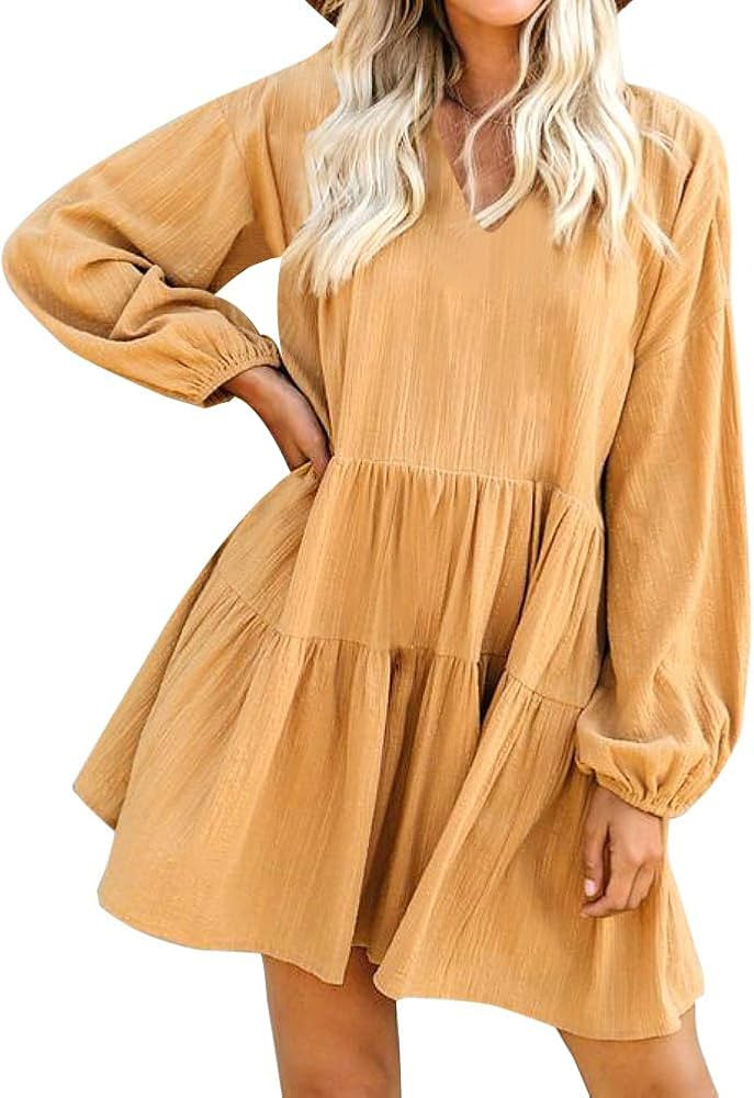 FANCYINN Women Long Sleeve Shift Tunic Dress Ruffle Swing Babydoll Juniors Mini Ruffle Dress with... | Amazon (CA)