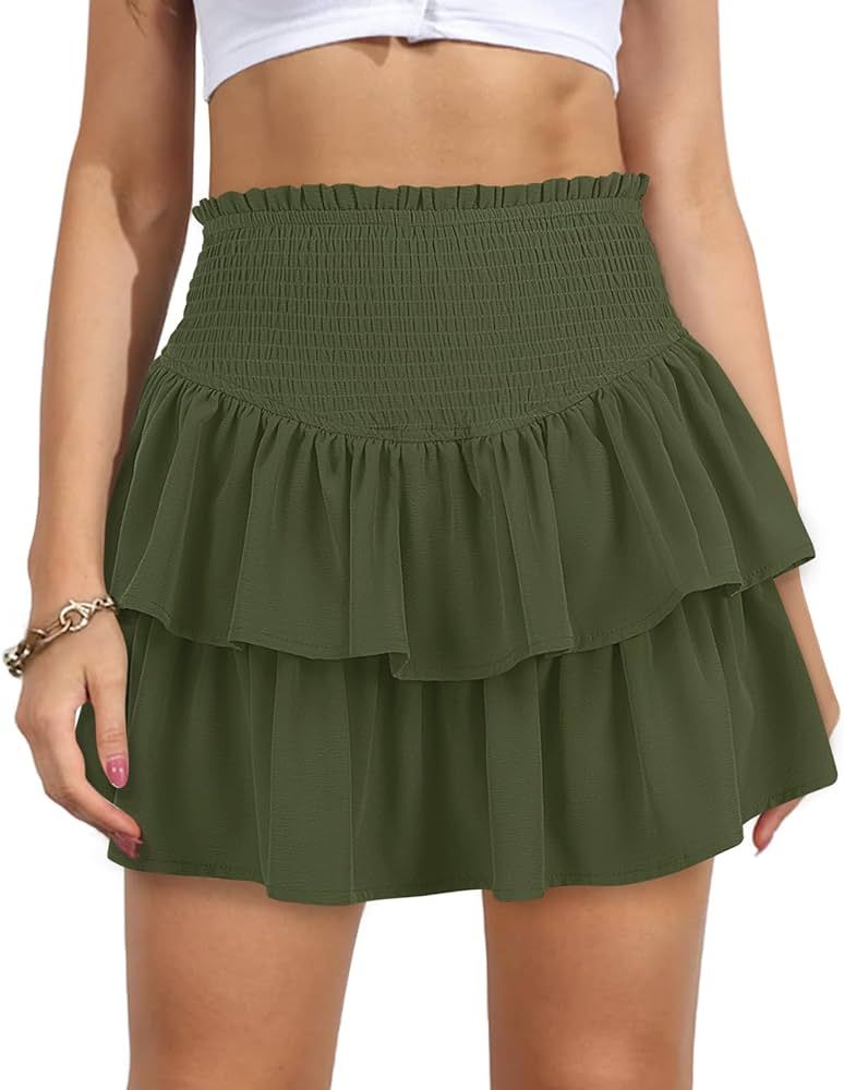 Women's High Waist Ruffle Mini Skirt Cute Tiered Short Skirt with Shorts Underneath | Amazon (US)