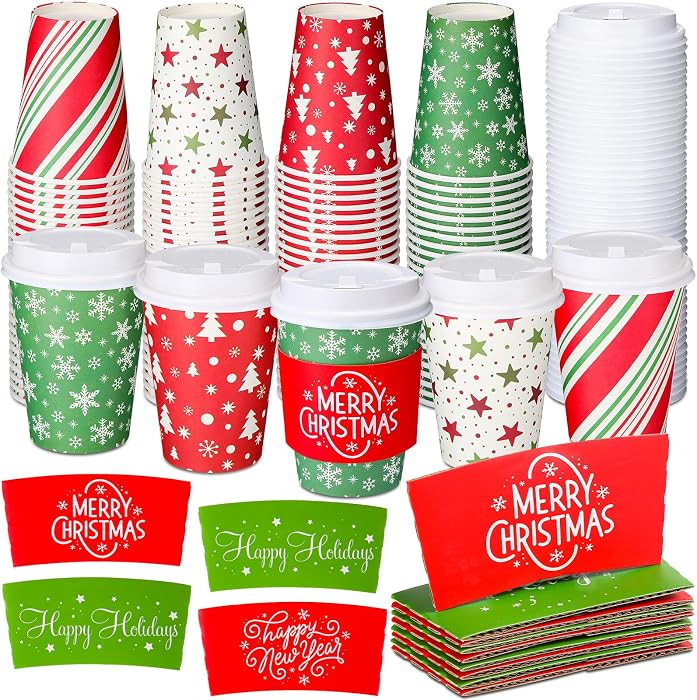 Yungyan 100 Pack 12 oz Christmas Disposable Coffee Cups with Lids and Sleeves Insulated Paper Cof... | Amazon (US)