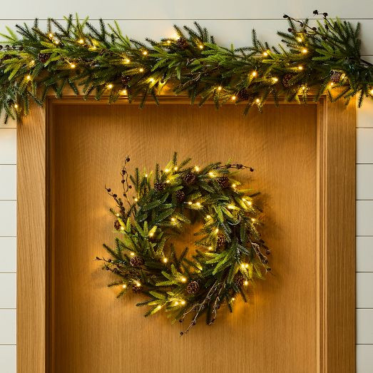Pre-Lit Faux Woodland Pine Wreath & Garland | West Elm (US)