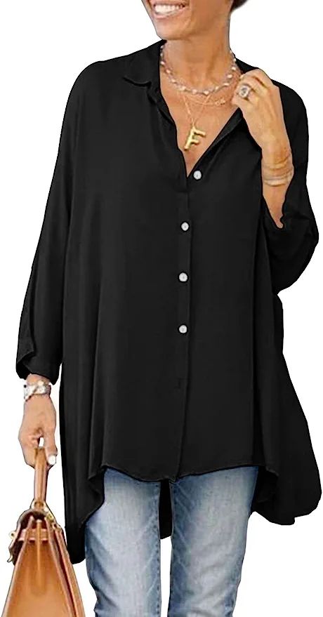 Aoysky Womens Oversized T Shirts Button Down Long Sleeve Shirt V Neck Collar Loose Flowy Blouse | Amazon (US)