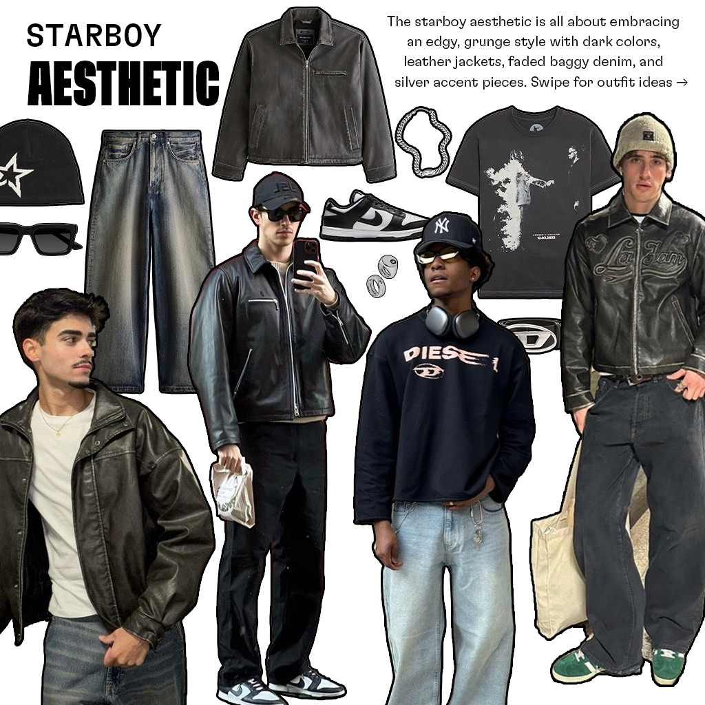 The starboy aesthetic is all about embracing an edgy, grunge style with dark colors, leather jackets, faded baggy denim, and silver accent pieces.

#starboy #menswear 

#LTKStyleTip #LTKMens