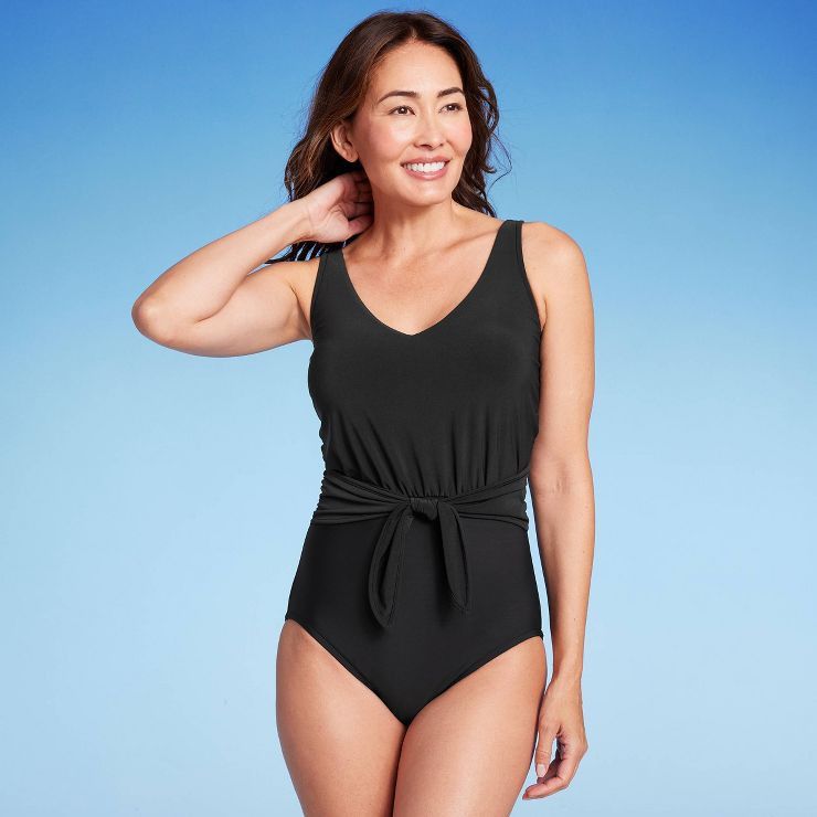 Women's Waist Tie One Piece Swimsuit - Aqua Green® Black | Target