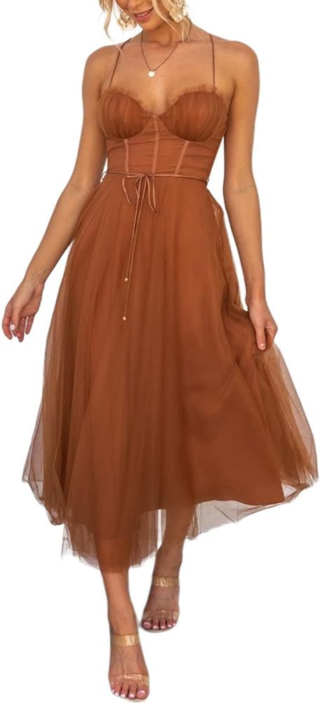tgojswa Womens Strap Sleeveless Wrap V Neck Mesh Dress Big Swing Wedding Guest Tiered Maxi Dresse... | Amazon (US)