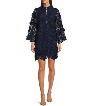 J.Marie Seraphina Floral 3D Lace Split Round Button Up Neck Long Sleeve Shift Dress | Dillard's | Dillard's