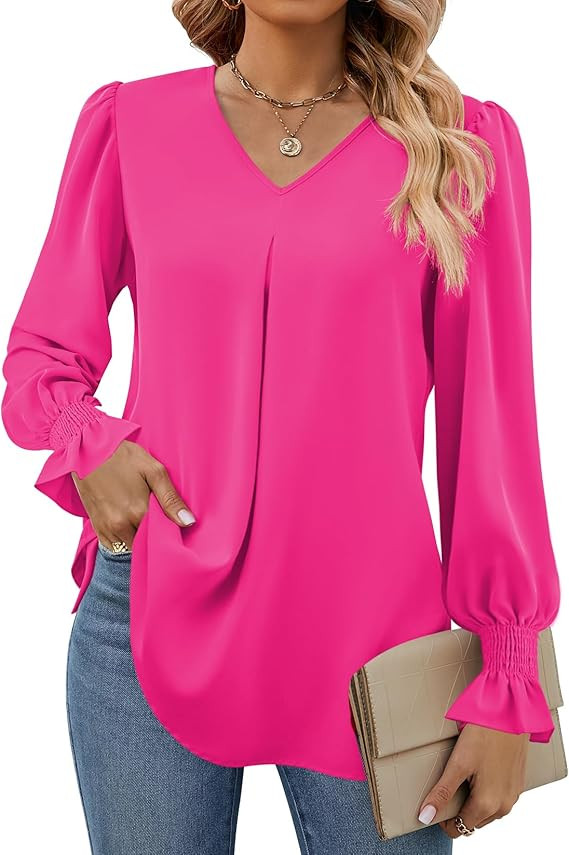 Funlingo Women's 2025 Long Sleeve Tops Dressy Casual V Neck Tunic Shirts Loose Chiffon Work Blous... | Amazon (US)