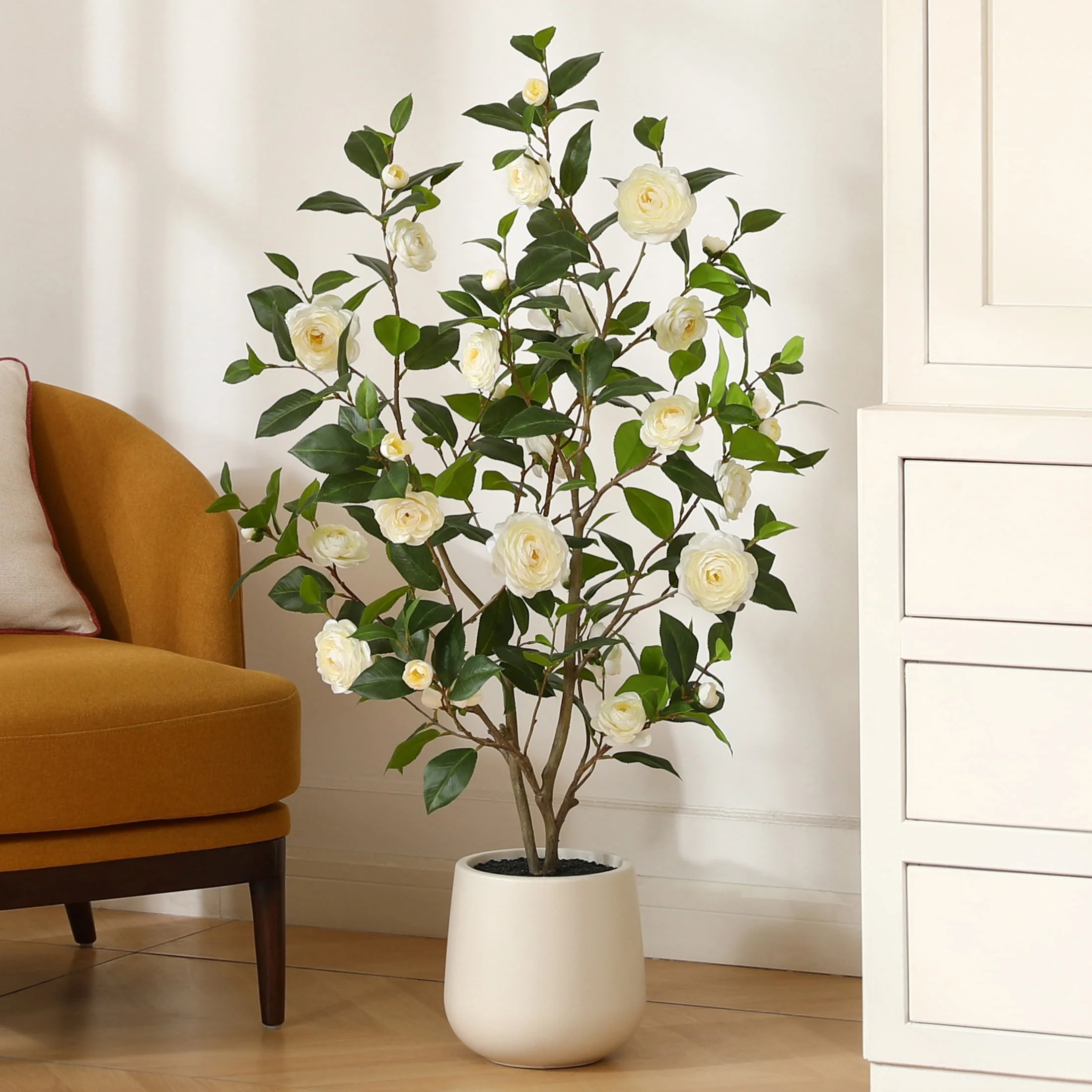 4ft Artificial White Camellia Tree with 9 inch White Planter, Tall Fake Camellia Trees with White... | Walmart (US)