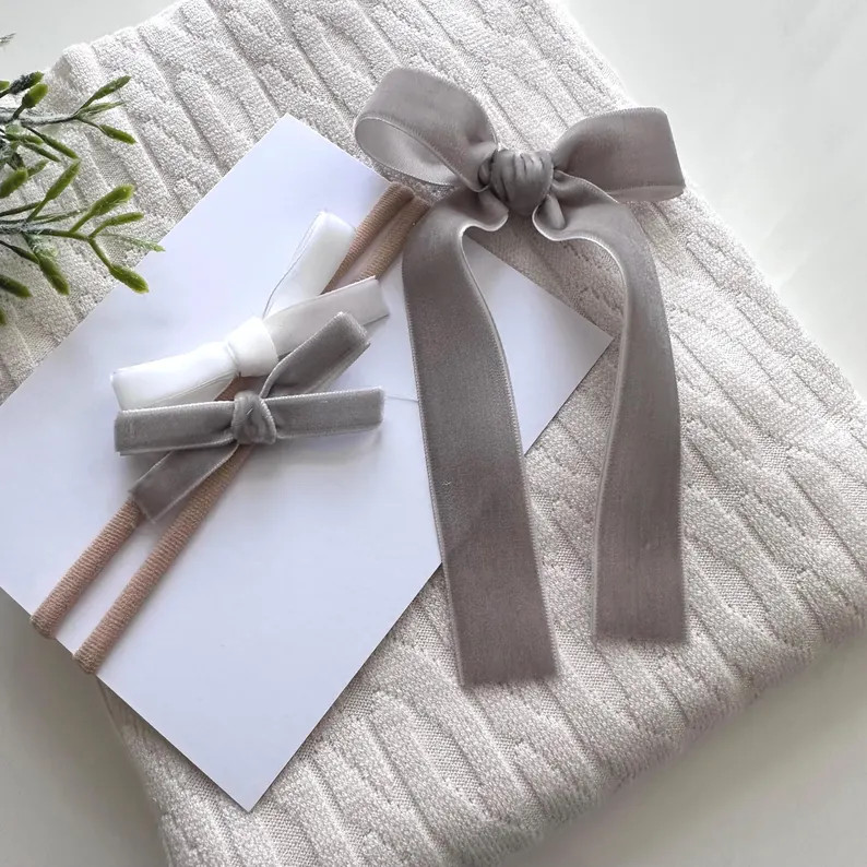 Velvet Bow for Girl. Gray Velvet Ribbon Bow. Women's Long Tail Bow. Long Velvet Bow. Newborn Velv... | Etsy (US)