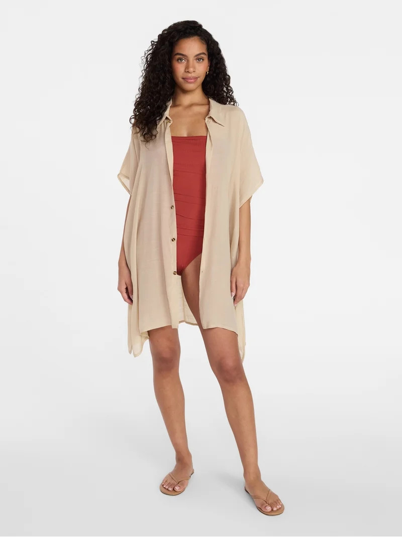 Time and Tru Women's Button Down Coverup, Sizes XXL/XXXL, Lightt Tan | Walmart (US)