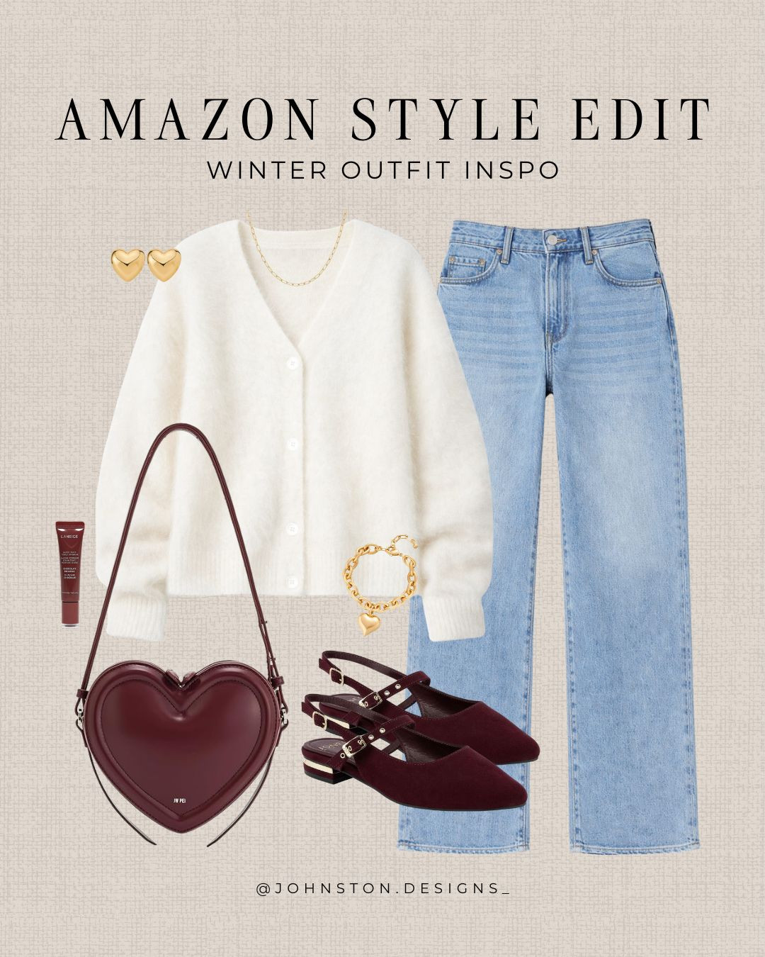 Winter outfit inspo with hint of Valentine's Day. Heart shaped jewelry, handbag, burgundy shoes, jeans, styled look, Amazon fashion, affordable clothing. 🤍 

 #LTKootd #LTKSeasonal