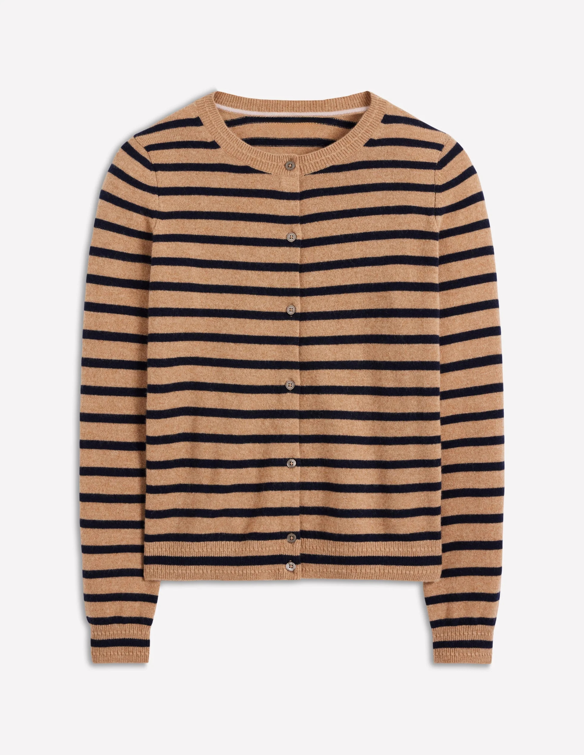Eva Cashmere Crew Cardigan-Camel Melange/Navy Stripe | Boden (US)