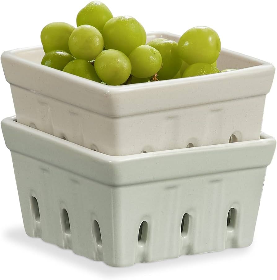 ONEMORE Ceramic Berry Basket, Square Fruit Bowls, Rustic Stoneware Berry Colander Set of 2, Gray & L | Amazon (US)