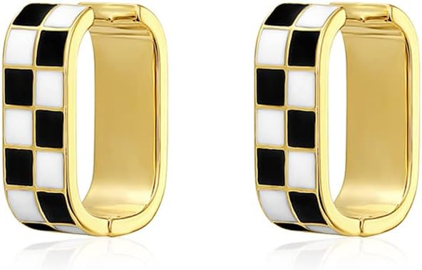 Fashion Checker Chunky Oval Hoop Earrings for Women Dainty 925 Sterling Silver Post 14K Gold Plated Huggie Hoops White Black Enamel Minimalist Hooped Hypoaller… | Amazon (US)