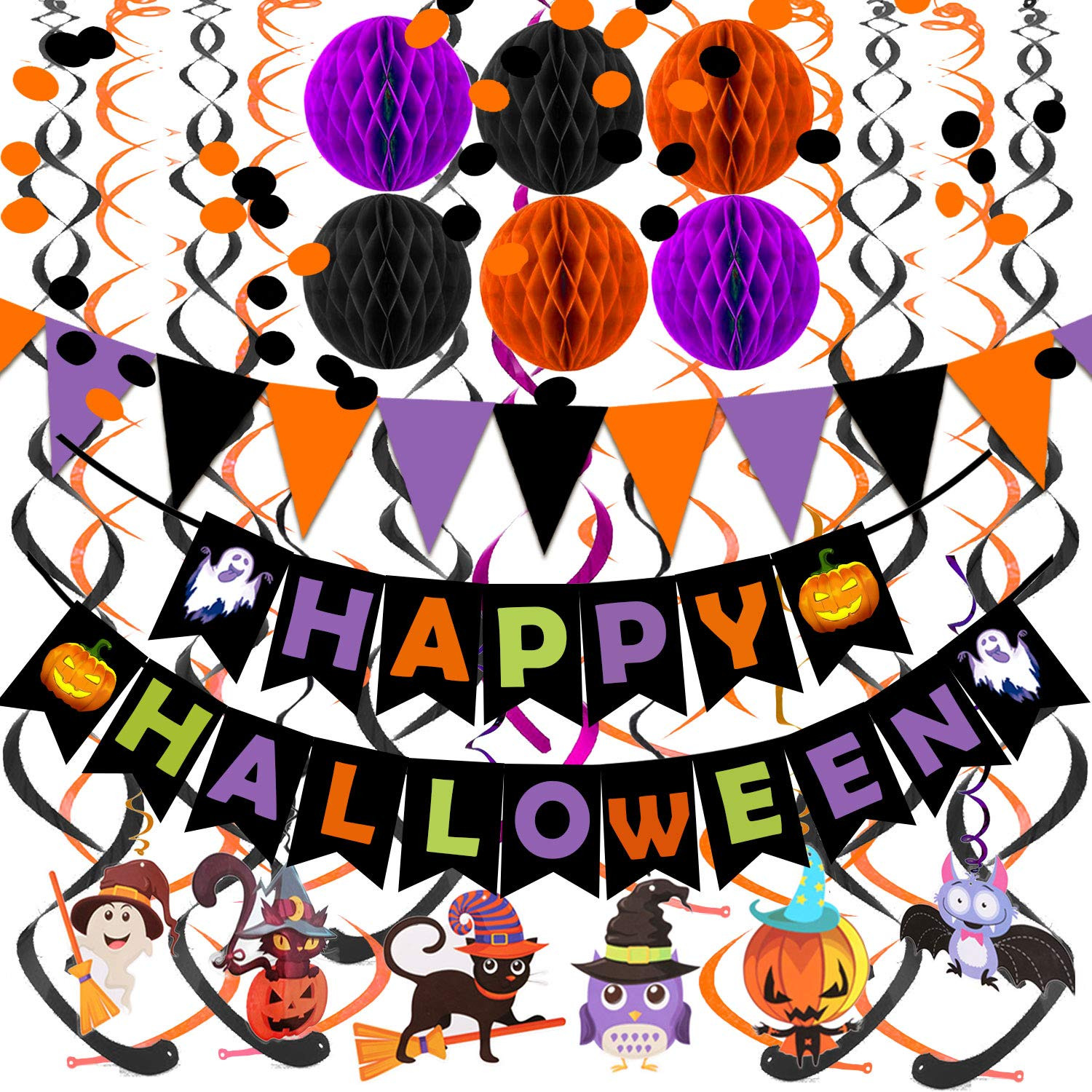Happy Halloween Banner Paper Triangle Flag Bunting Circle Confetti Dots Hanging Garland Honeycomb... | Amazon (US)