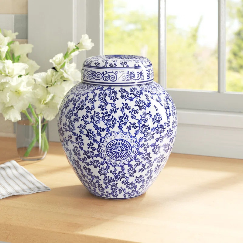 Massa Blue/White 12'' Stoneware Ginger Jar | Wayfair North America